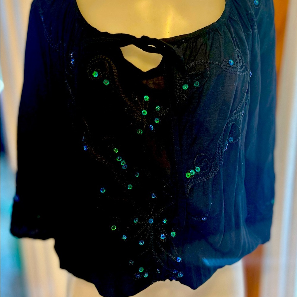 Super cute, black sequin peasant blouse